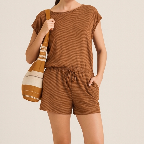 Prana Rust Striped Romper Organic Cotton Hemp Boho Casual Summer Hiking Medium - Picture 1 of 15